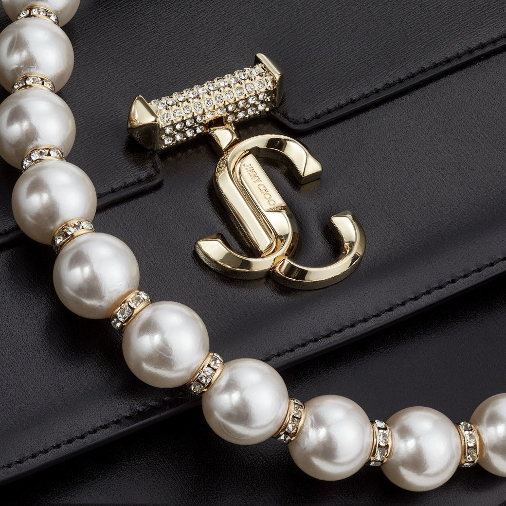 JIMMY CHOO Black Box Leather Top Handle Bag with Pearls