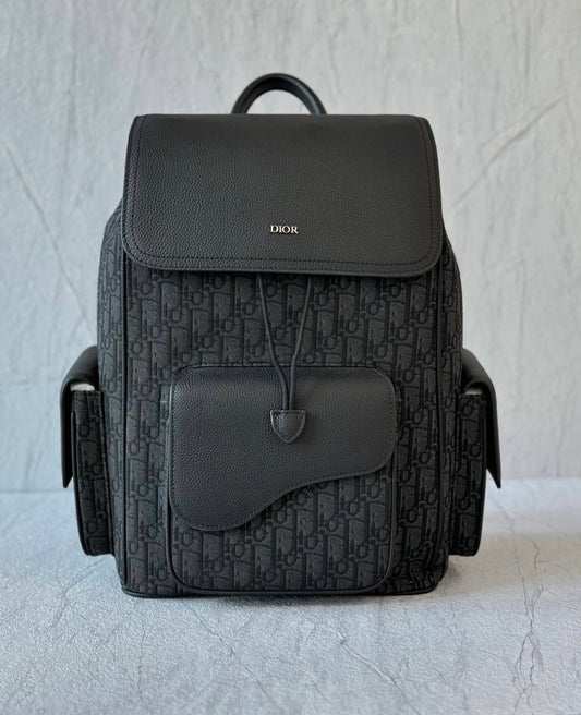 Saddle Backpack with Flap Black Dior Oblique Jacquard