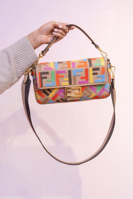 Fendi Zucca Embroidered Canvas Baguette Satchel