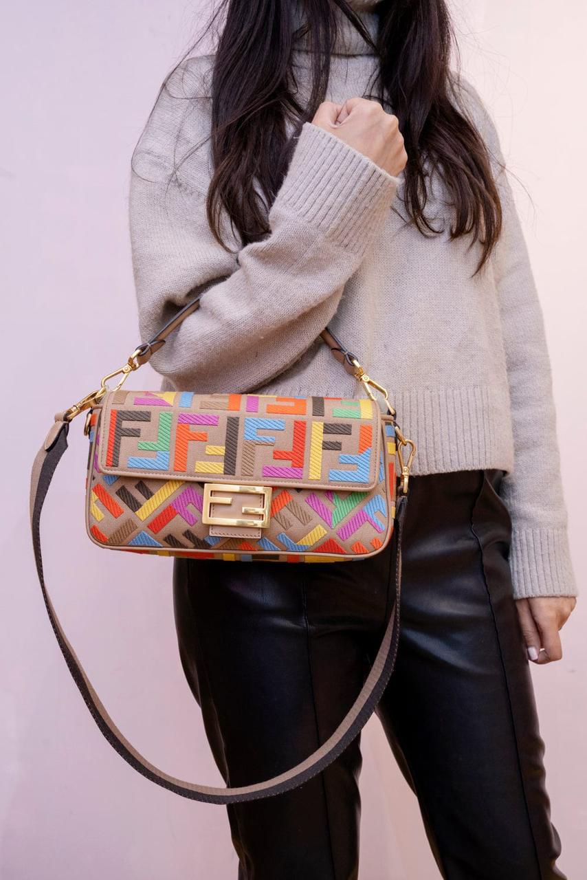 Fendi Zucca Embroidered Canvas Baguette Satchel