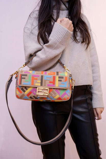 Fendi Zucca Embroidered Canvas Baguette Satchel
